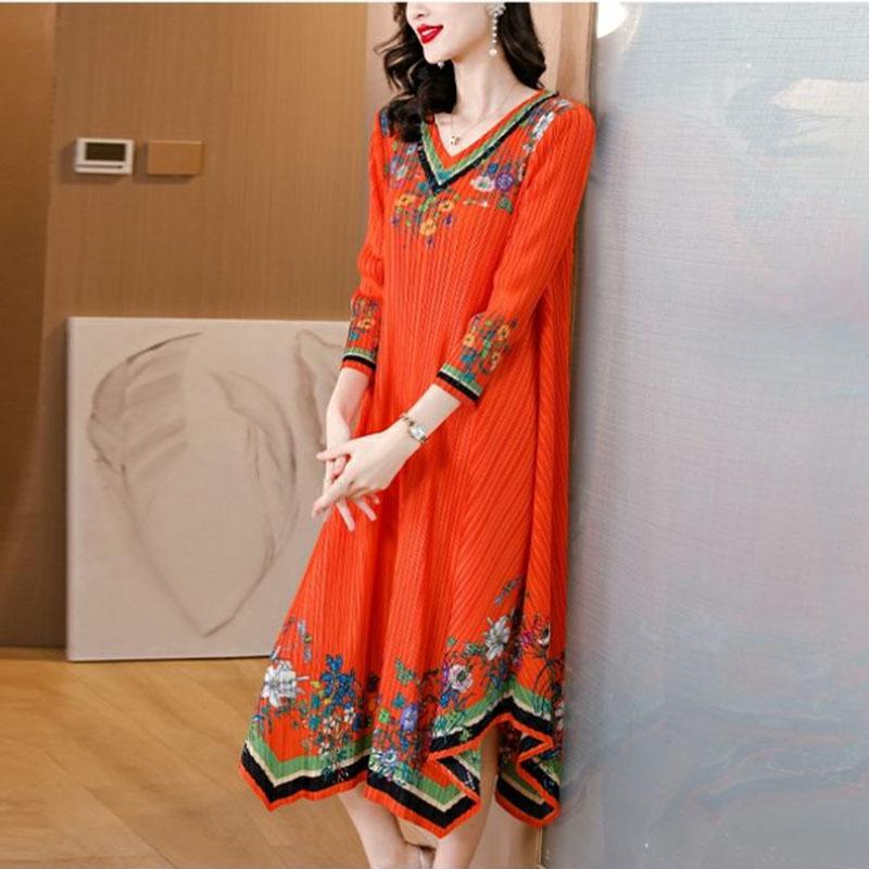 Women's Plus Size Dress Vintage Print Dress Ethnic Style Spring Summer A-line Pleated Stretch Maxi Dress