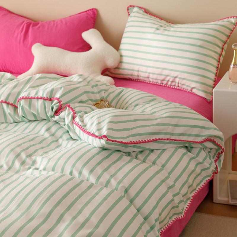 Bedding Set INS Girls Striped Soft Washed Cotton Bed Sheet Queen King Size Duvet Set  Comforter Set Pillowcase Bed Linens