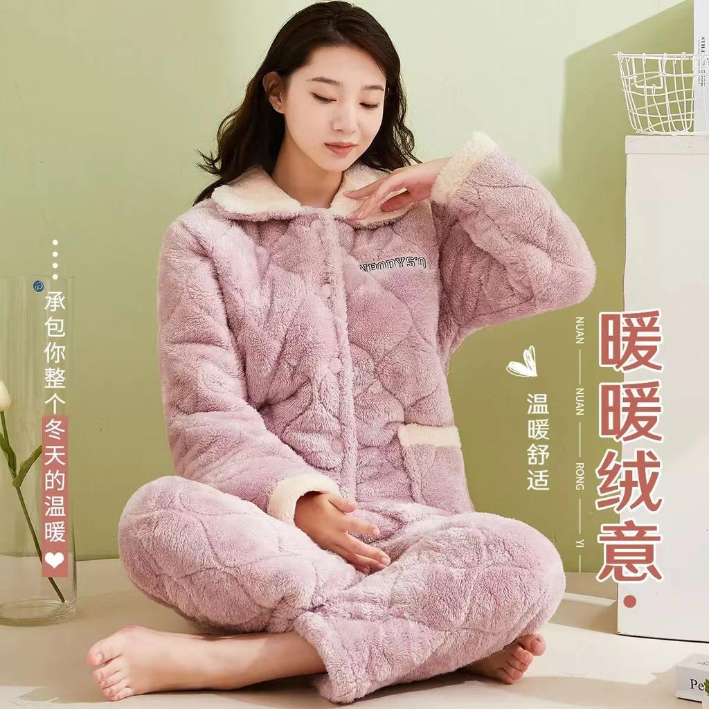 Dámský oblek z korálového fleecu s polstrováním, třívrstvý zesílený, lze nosit venku, podzimní a zimní domácí oblečení, zimní fleecový teplý