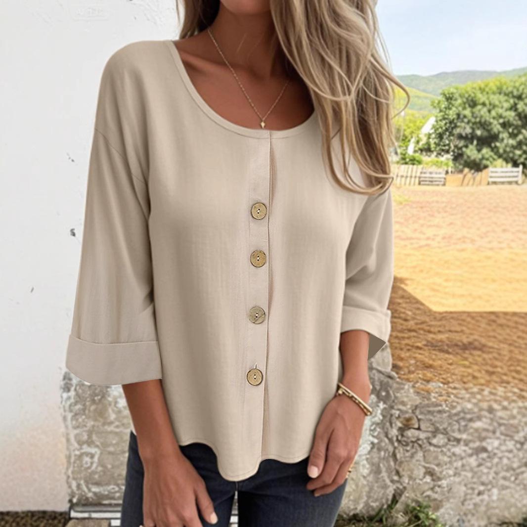 Women Beige Button Front Linen Blend 3/4 Sleeve Blouse S абрикосовый
