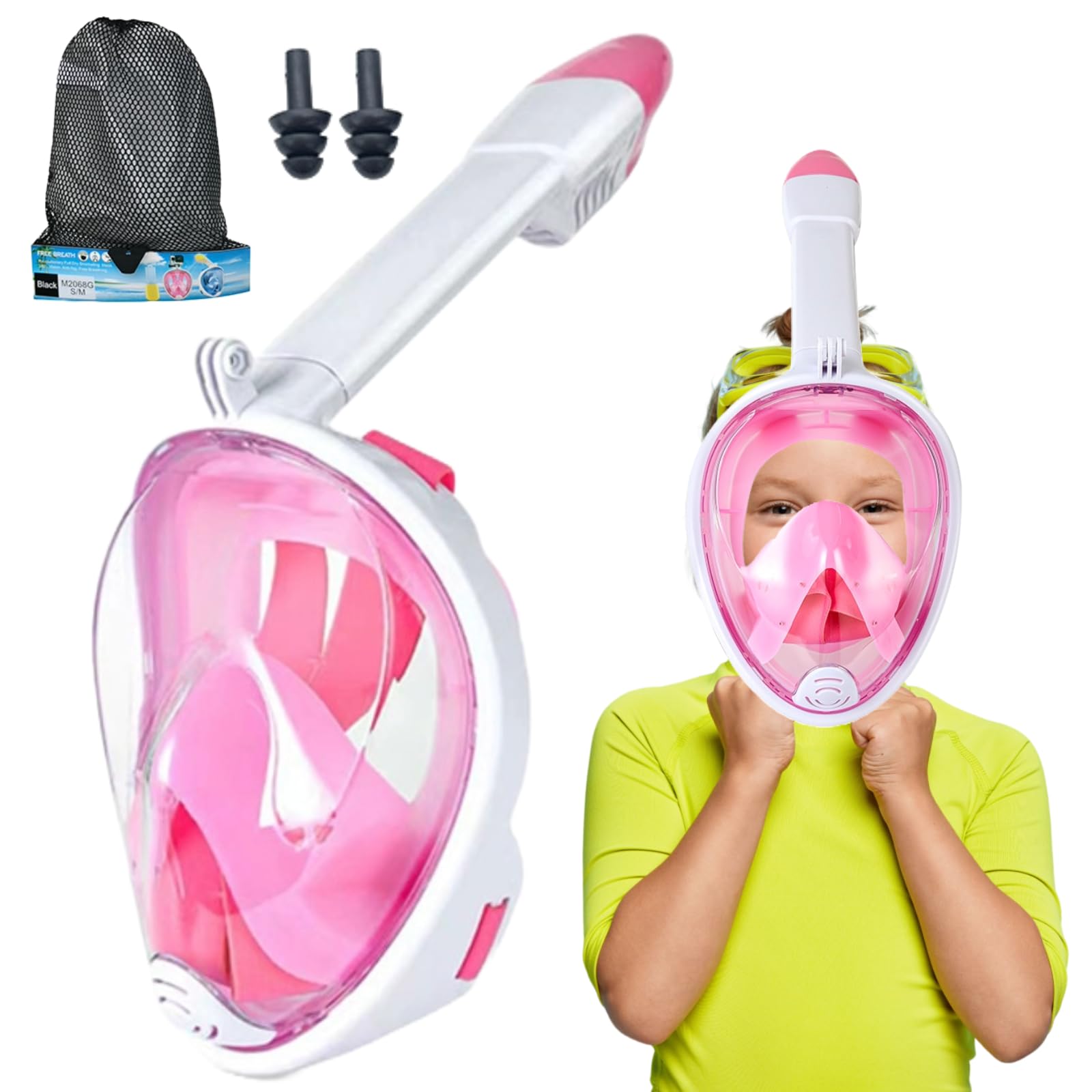 

GRHONC Full Face Snorkel Mask with Wide Angle and Camera Mount XS Kids 180° View, Anti-Fog, Breathable, Waterproof, (Pink, [Kids ]) рожевий