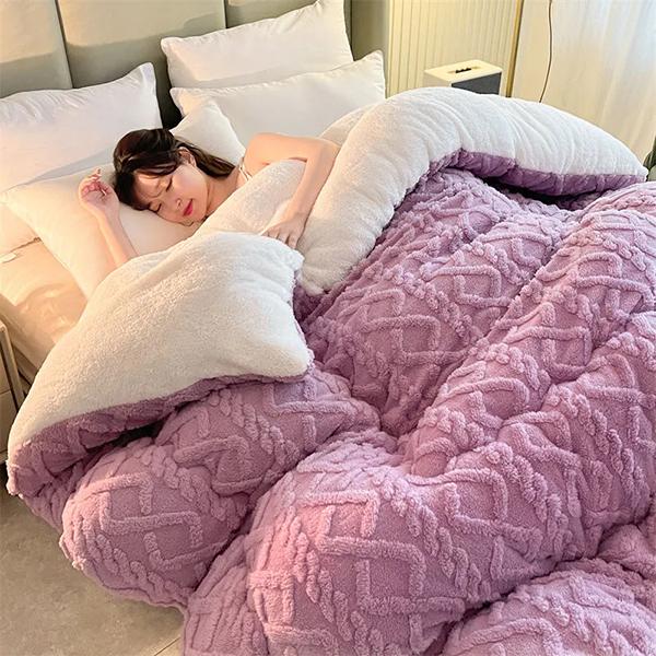 WTEMPO Foldable Lamb Fleece Quilts Warm Double-sided Plush Thick Winter Blankets Solid Home Bed & School Student Dormitory Double and Single Mattress