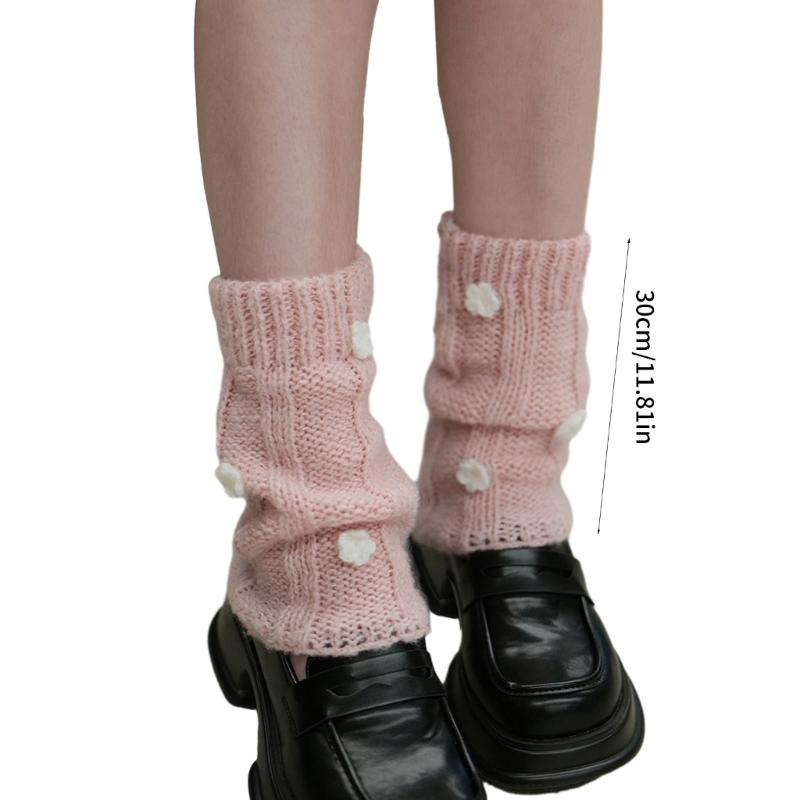 Damen Japanischer Stil JK Häkelstrick Kurze Beinwärmer Socken Einfarbige Süße 3D Florale Lockere Beinabdeckungen Stiefelmanschetten