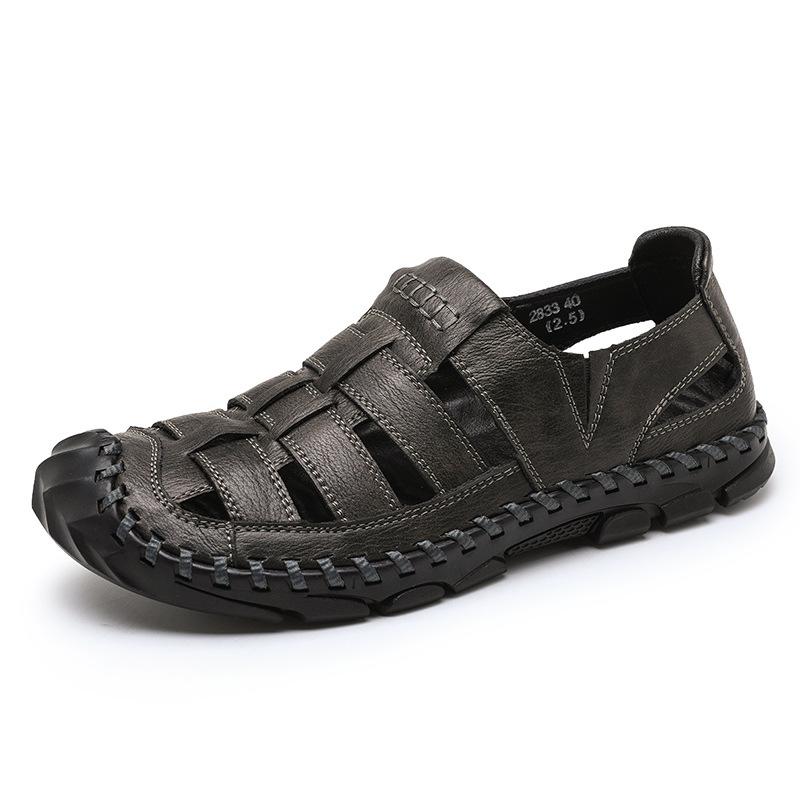 Sandals Summer Closed Toe Genuine Leather Outdoor Driving Men's Soft Bottom Non-Slip Wading Hollow Hole Sports Beach Shoes