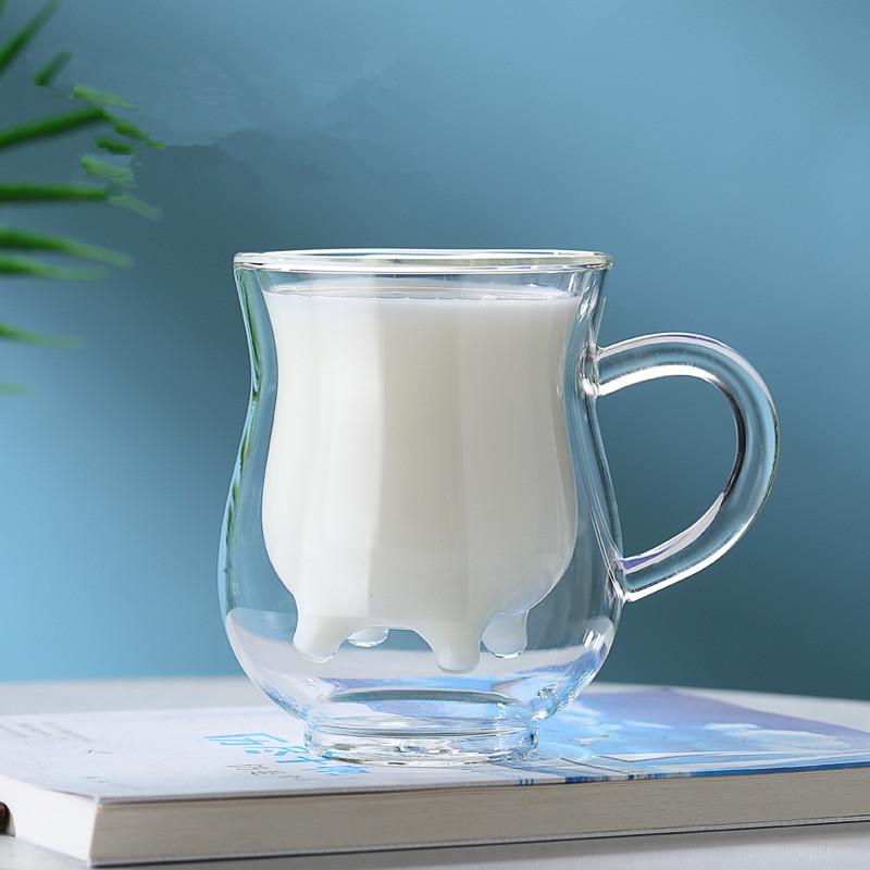 Creative Cow Double Layer Glass Creamer Cup 250ml Lovely Milk Jug Juice Tea Coffee Cup Clear Glass Mug Milk Frother Pitcher