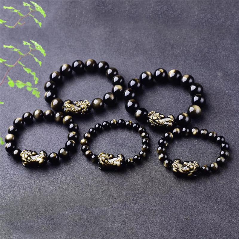 Natural Crystal Obsidian Pixiu Bracelet Black Obsidian Buddha Beads Men's and Women's Hand Jewelry Prayer Beads