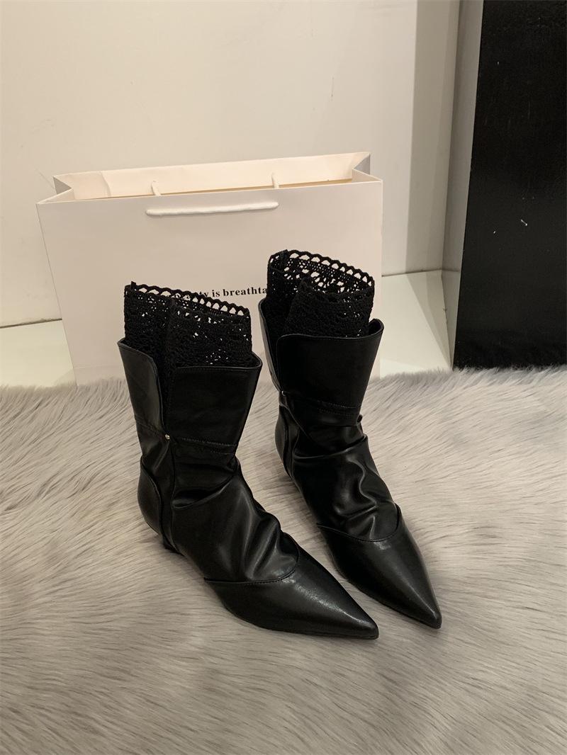 

Martin boots women s 2025 autumn new wasteland lace pointed toe heel short boots women s western cowboy boots stacking boots 40