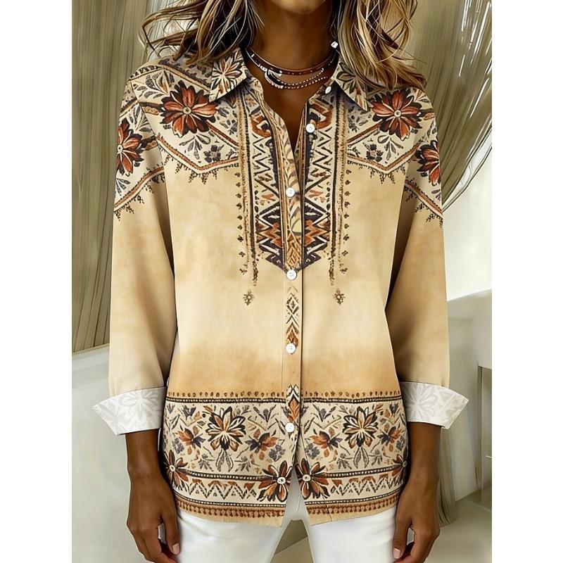 Damen Hemden Hemd Patchwork Knopf Druck Grafik Geometrisch Karriert Vintage Tropisch Alltag Langarm V-Ausschnitt Hemdkragen Langes Oberteil.