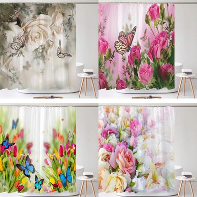 Bunte Schöne Frische Blumen Duschvorhang Badezimmer Wasserdicht Polyester Schmetterling 3D Druck Vorhänge für Badezimmer Dusche
