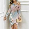 Women Plus Size Asymmetric Cold Shoulder Long Sleeve Blue Purple Gold Fluid Art Print Irregular Wrap Bodycon Midi Dress