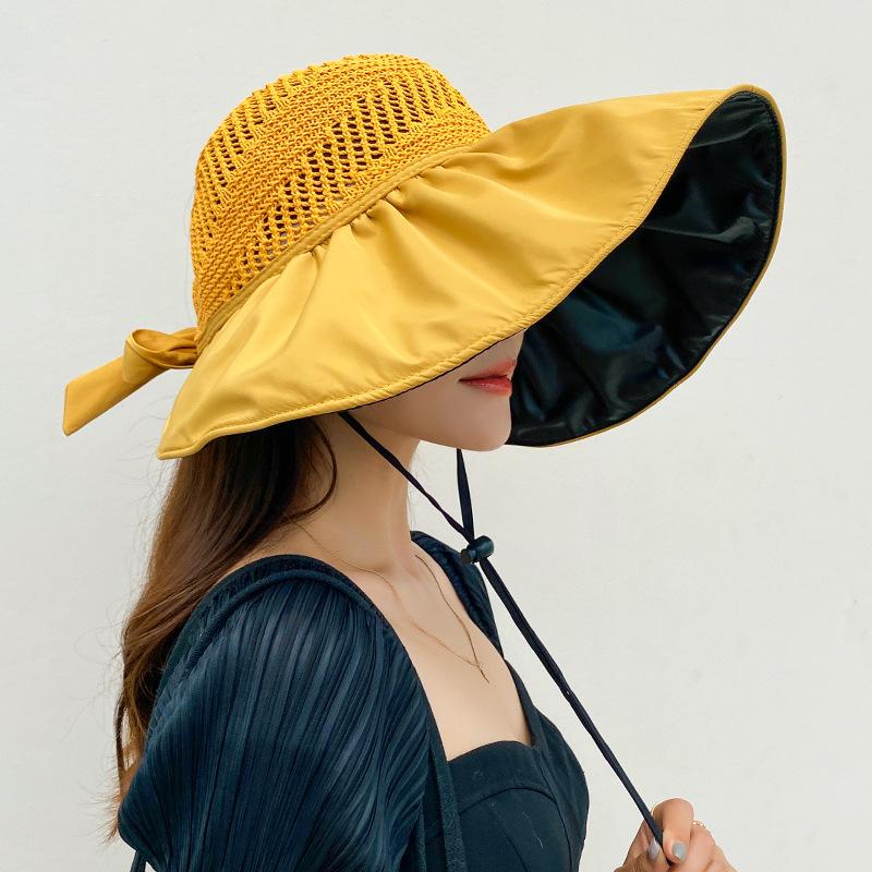 Beach Hat Sun Hat Women's Summer Hollow Straw Hat Ultraviolet Large Brim Face Cover Sun Hat Fisherman Hat