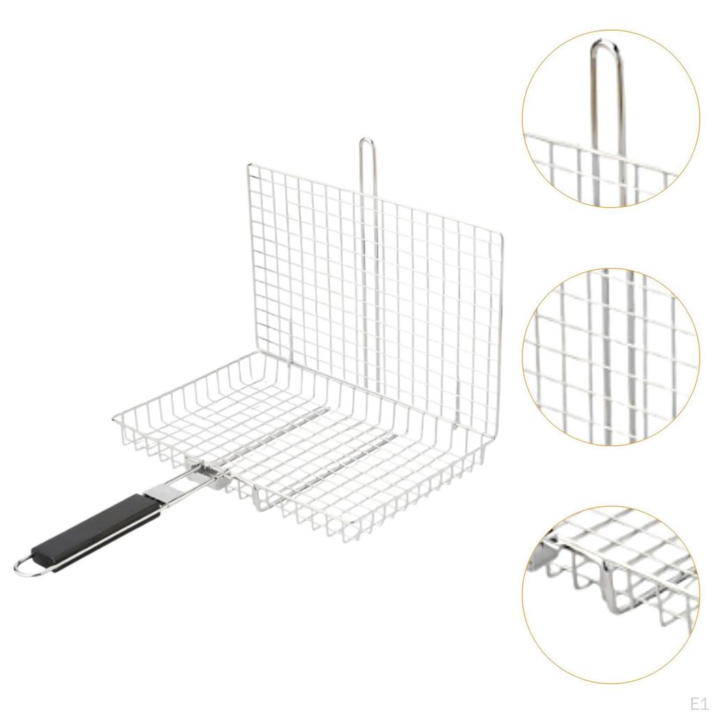 Grill Basket Net BBQ Tool Havy Duty Portable with Removable Handle Stainless Steel for Patio Outdoor