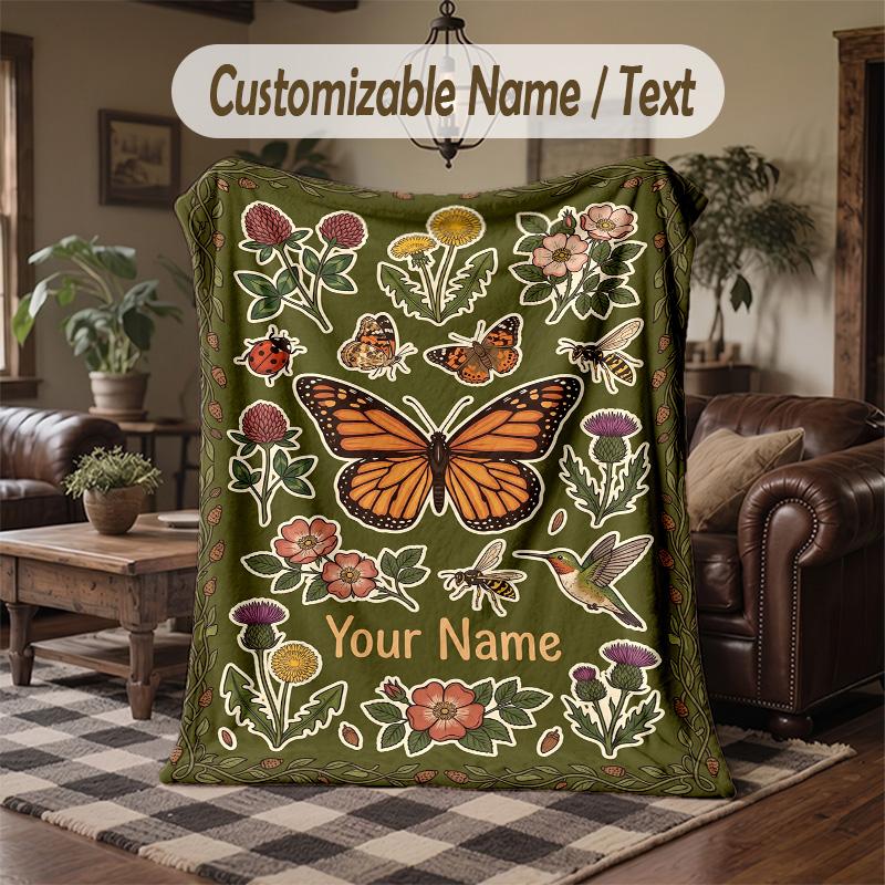 Butterflies Flowers Garden 14 Theme Throw Blanket Custom Name Text Personalized Blanket Soft Cozy Blanket for Home Sofa Bed