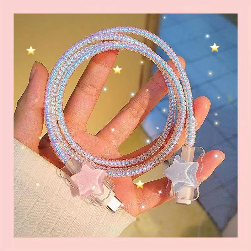 Kawaii Cute 3D Star Love Heart Wave Border Y2K Usb Protector Cover For Iphone 18/20W Data Line Head Cord Fast Charging Case