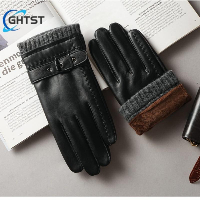 Light Luxury Men Genuine Driving  Gloves Leather Touch Screen Black Real Sheepskin Thin  Business Brown Warm Fleece Gloves