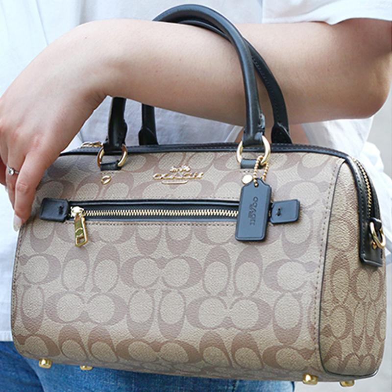 Coach Rowan Monogram Lærred med Læder En-skulder Håndtaske, Crossbody Taske Stor Dame Lysbrun Sort Ramme 83607-IMCBI