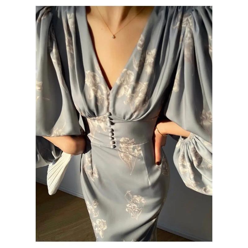 Neu Elegante Druck Meerjungfrau Kleider für Frauen Sommer Neue Slim V-ausschnitt Langarm Landebahn Partei Robe