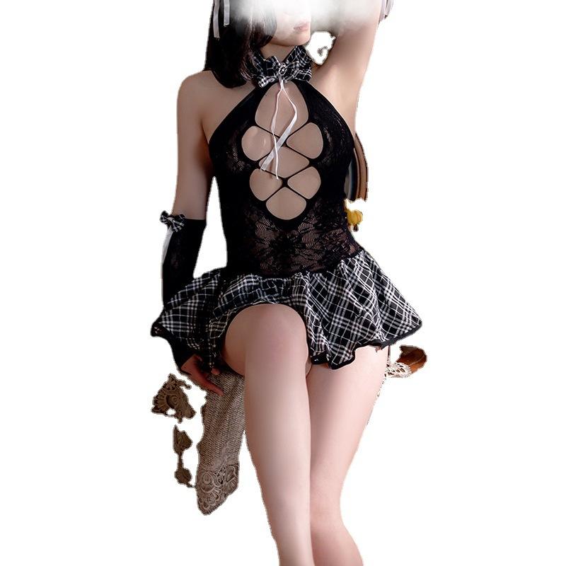Sex Mesh Suit Bachelor's Uniform Mesh Stockings onesie Sexy plaid skirt tempting to show breasts