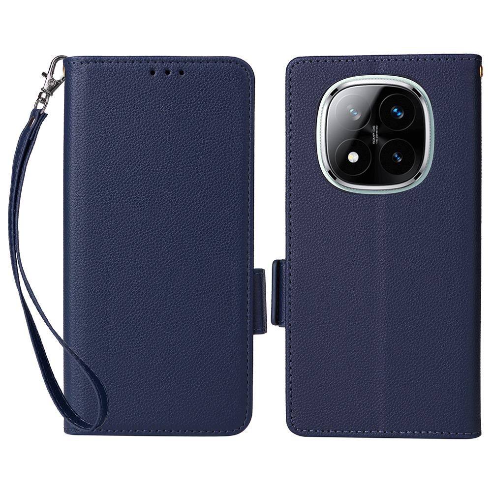 

For Xiaomi Note 14 Pro+ 5G/Note 14 Pro 5G/Poco X7 5G Case with Wrist Strap Litchi Texture PU Leather Wallet Phone Cover Dark Blue