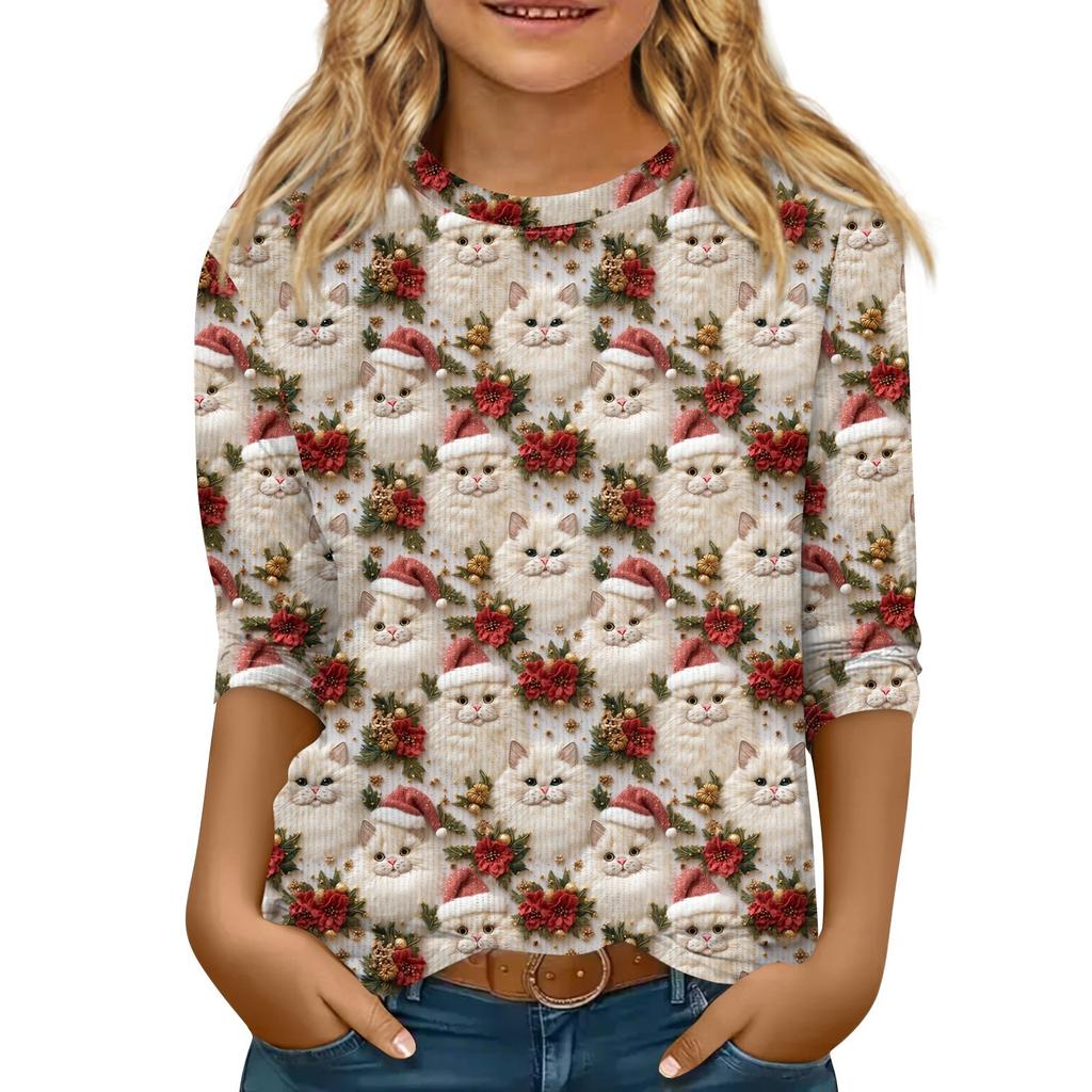 Bluzka dziecięca z rękawem 3/4, luźny t-shirt z nadrukiem i okrągłym dekoltem