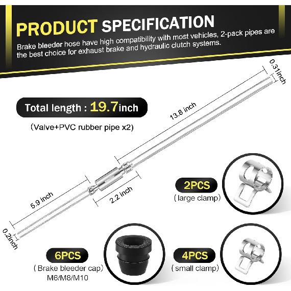 Meonum 2 Pack Brake Bleeder Hose, Motorcycle Brake Bleeder Kit With Nozzle Cap & Clamp, One Way Check Valve Tube Bleeding Tools For Hydraulic System