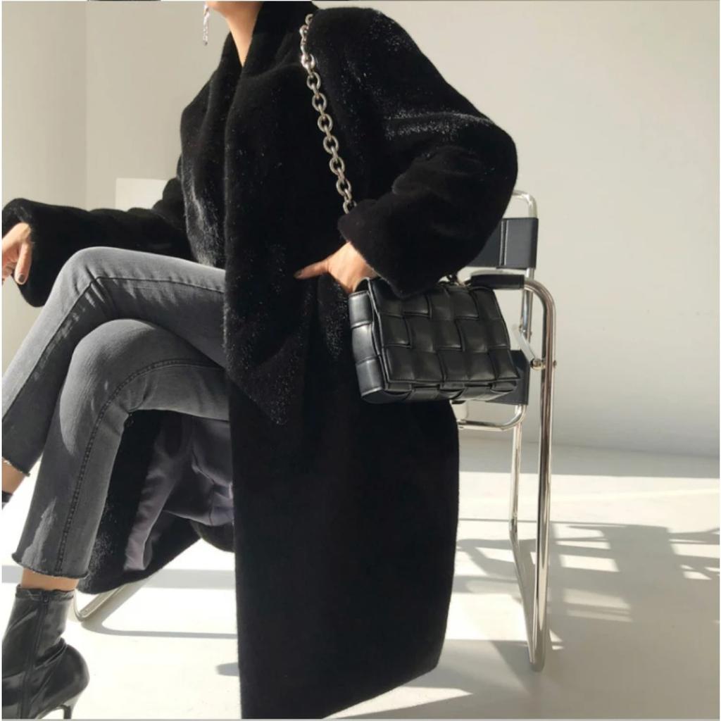 Winter Long Black Luxury Elegant Stylish Thick Warm Fluffy Hairy Soft Faux Mink Fur Coat Women Stand Collar Sashes