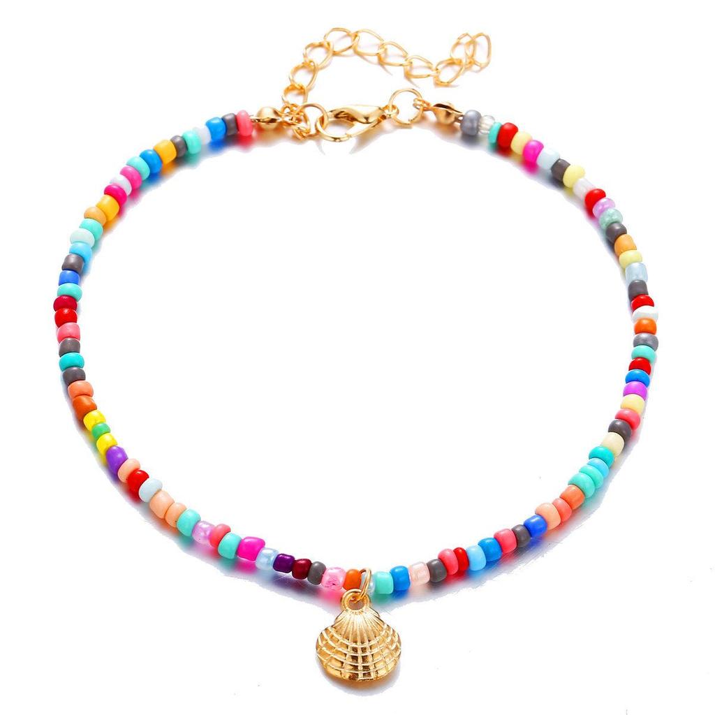 Bohemian Colorful Beaded Anklet with Retro Alloy Scallop Pendant