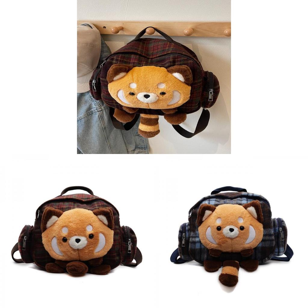 Small Raccoon Fashion Plaid Backpack With Zipper Closure For Girls Travel And Daily Use