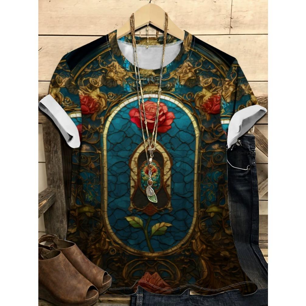 Vintage O Neck Short Sleeve Loose Plus Size 3d Printed T-shirt Women Tops