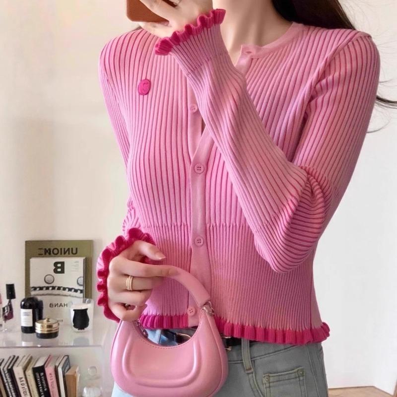 Pink knitted cardigan jacket women's thin short short short long-sleeved top sweater temperament commuting