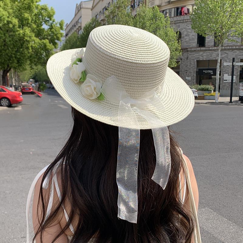 Camellia Lace Streamer Straw Hat Summer Idyllic Versatile Sun Hat Outdoor Travel Wide-brimmed Sunscreen Basin Hat