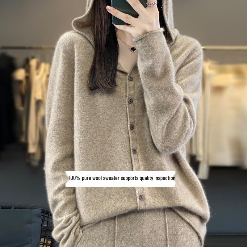 Australian Merino Wool Women's Seamless Hooded Cardigan Sweater