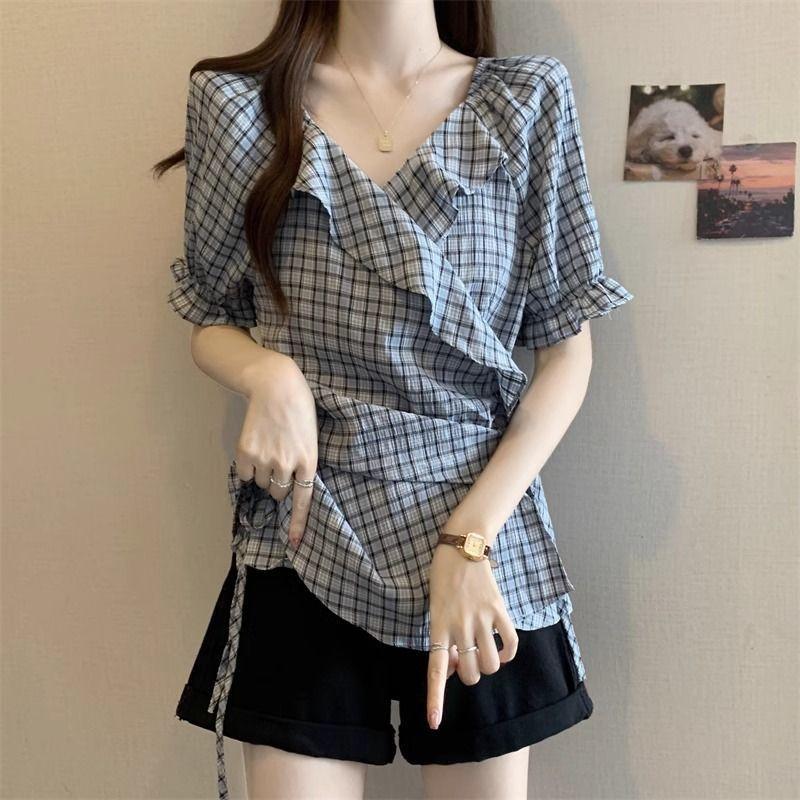 New Summer Plaid V-neck Short-sleeved Shirt Design Sense Women's Waist-hugging Shirt Top