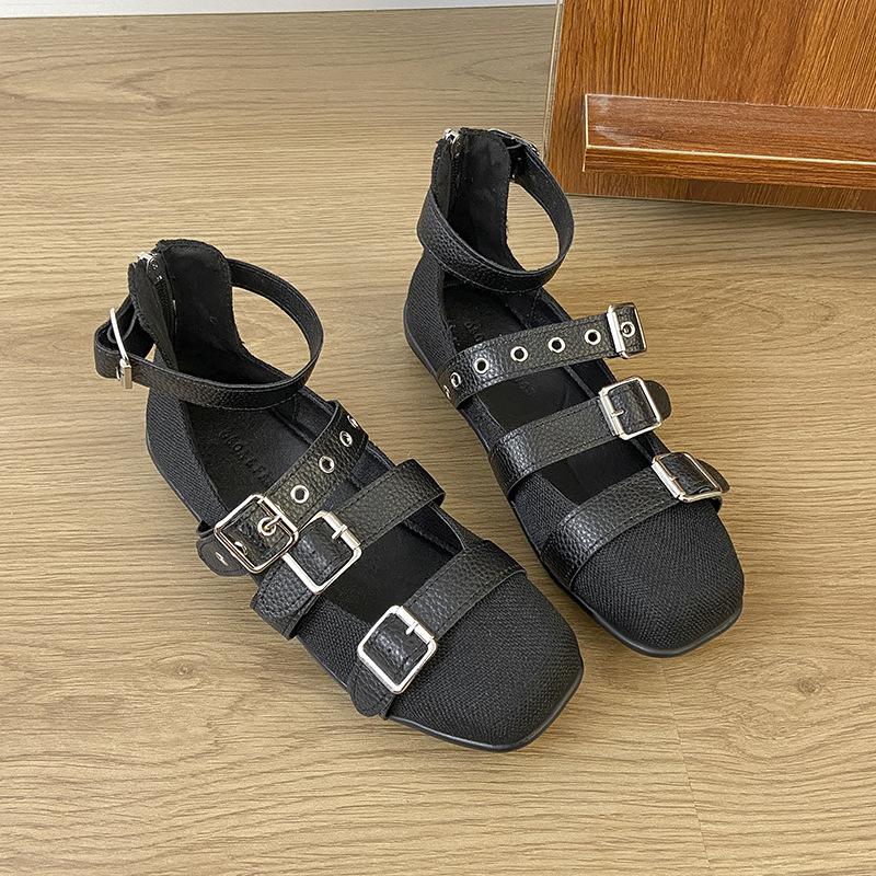 2025 summer flat shoes sports soft-soled ballet shoes retro belt buckle square head shallow mouth fashion low-heeled single shoes