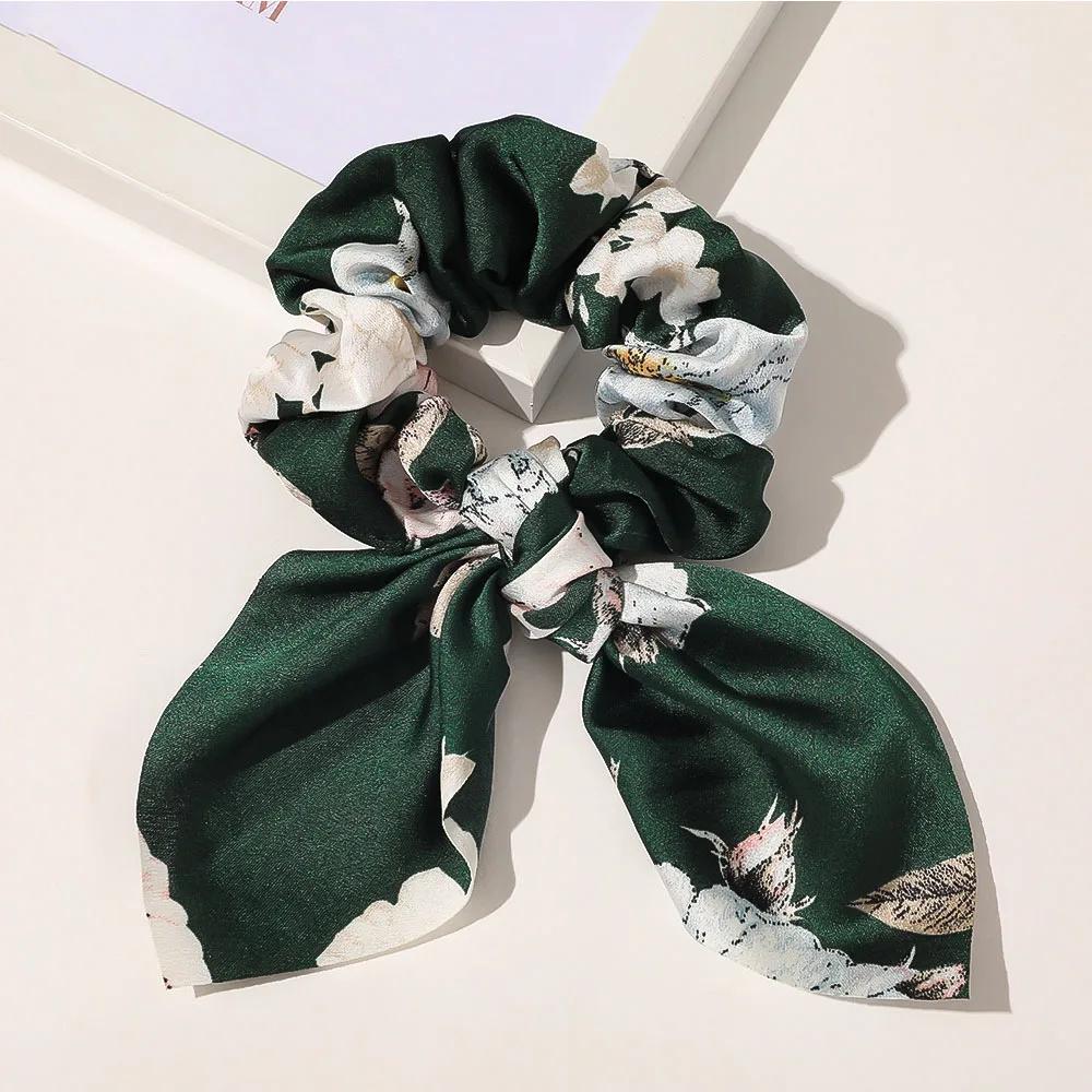 Women Fashion Print Flower Hair bands Ribbon Bow Scrunchies Hair rope Hair Tie Ponytail Hold зелёный