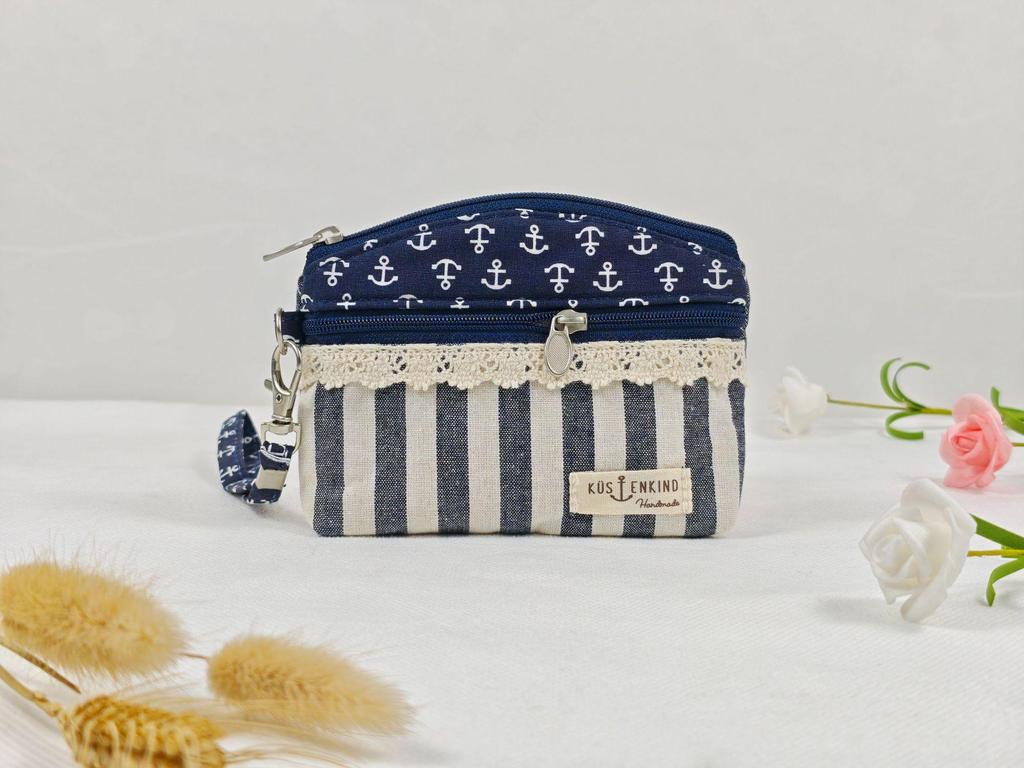 Pastorale Spitze Baumwolle Damen Doppel-Reißverschluss Münzbörse & Schlüsselanhänger