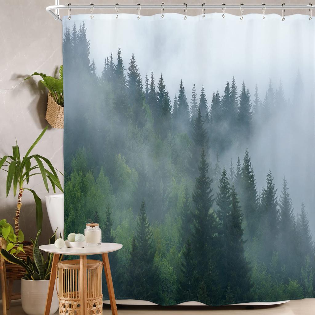 Misty Forest Woodland Shower Curtains Nature Shower Curtain Fall Shower Curtain Waterproof Polyester Fabric Home Decor with Hook