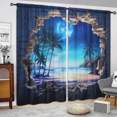 Moon Beach Printed Curtain for Home Decor - Rod Pocket Window Treatment for Bedroom, Kitchen, Living Room