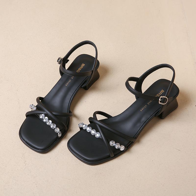 French Open-toed Rhinestone Sandals 2025 Summer New Fashion Outer Wear Thick Heel Square Head One-word Buckle with Skirt Women's Shoes