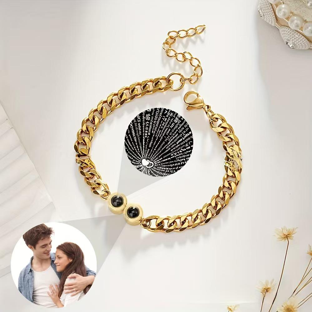 Custom 100 Languages 'I Love You' Projection Bracelet - Stainless Steel Cuban Chain Bangle for Men & Women