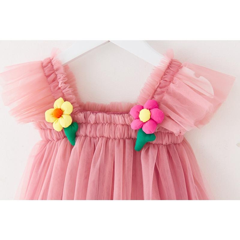 Children's New Children's Dress Three-dimensional Flower Flying Sleeve Dress Flower Child Mesh Shaggy Dress Girls Slip Dress