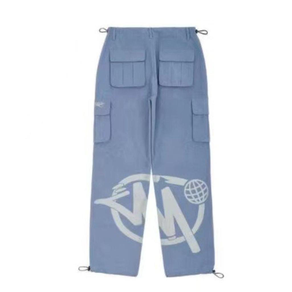 Retro American Hip Hop Wide Leg Pants with Pocket Print Casual Loose Workwear Trousers for Men Dance Scene Comfortable Fit