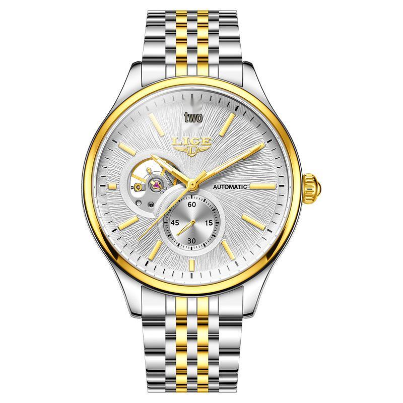 Men's Luxury Waterproof Automatic Mechanical Watch with Steel Band and Luminous Skeleton Design