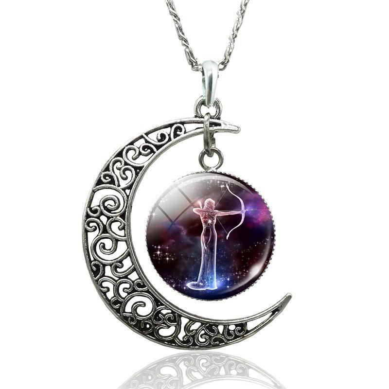 12 Constellation Necklace Zodiac Signs Cabochon Glass Crescent Moon Pendant Clavicle Chain Necklace Birthday Gifts for Women