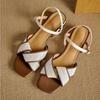Fashion Retro Blue Snake Texture Leather Low Heel Sandals Women Fashion Square Toe Ankle Buckle Designer Shoes Sexy Open Toe Beach Shoes
