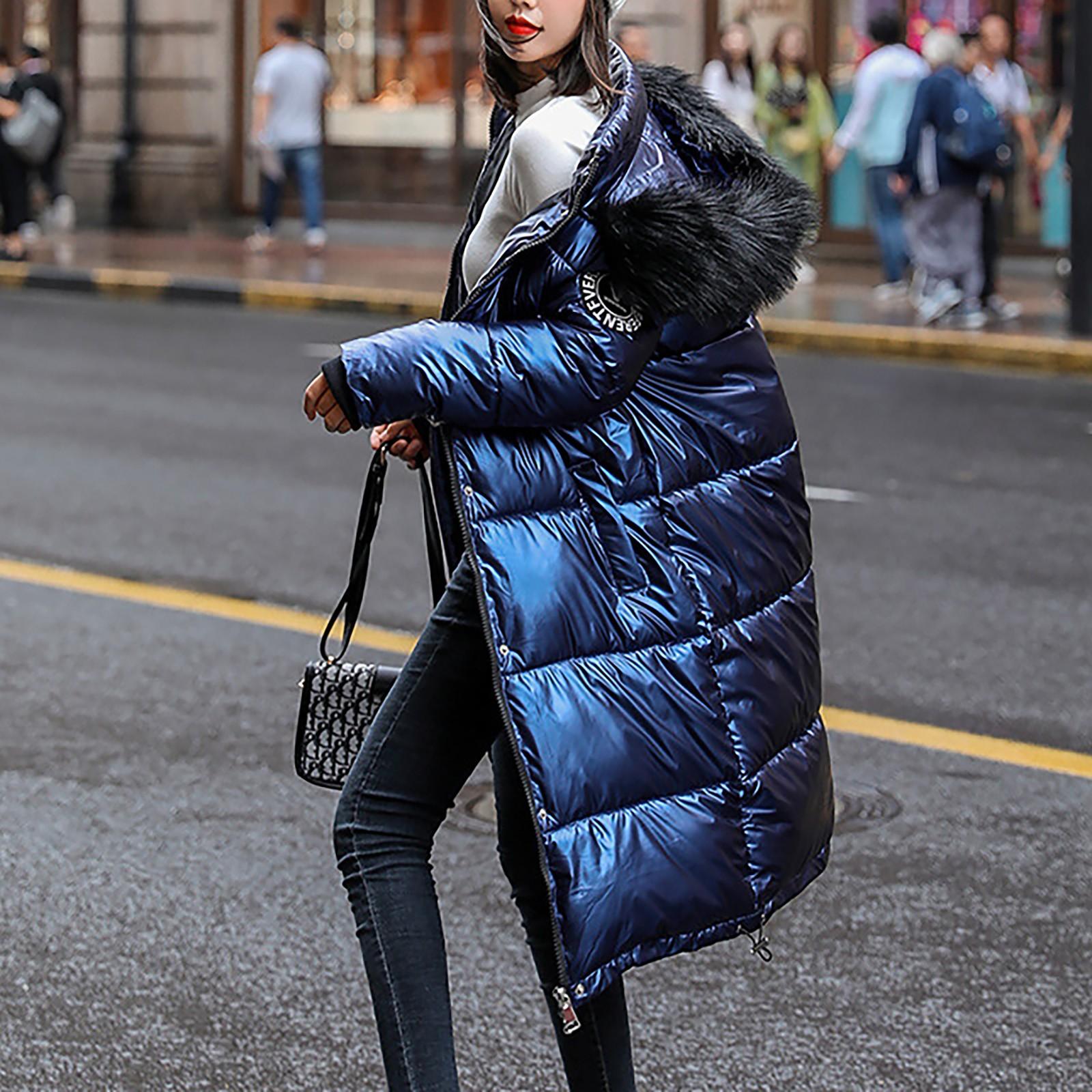 

Женская зимняя теплая толстая теплая тонкая куртка с капюшоном, длинное пальто XXL синий