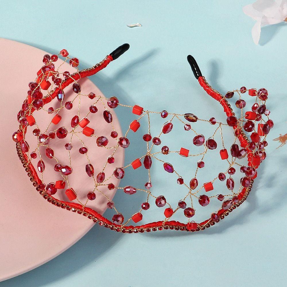 Handmade Crystal Beads Hair Net Crown Elegant Headbands Bride Hair Bands  Headdress