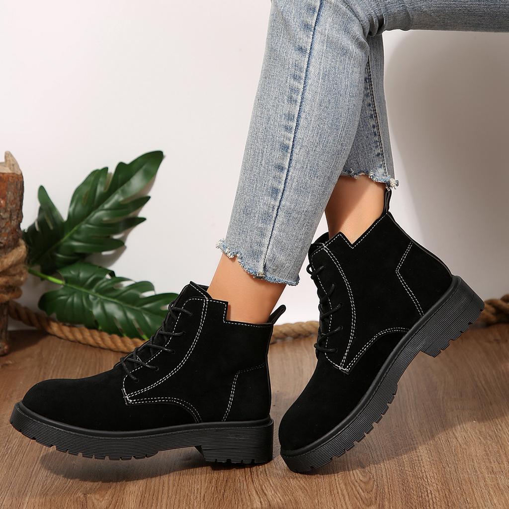 2024 New Winter Fleece Frosted Leather Martin Boots Women's British Flat Bottom Short Boots Soft Leather Boots