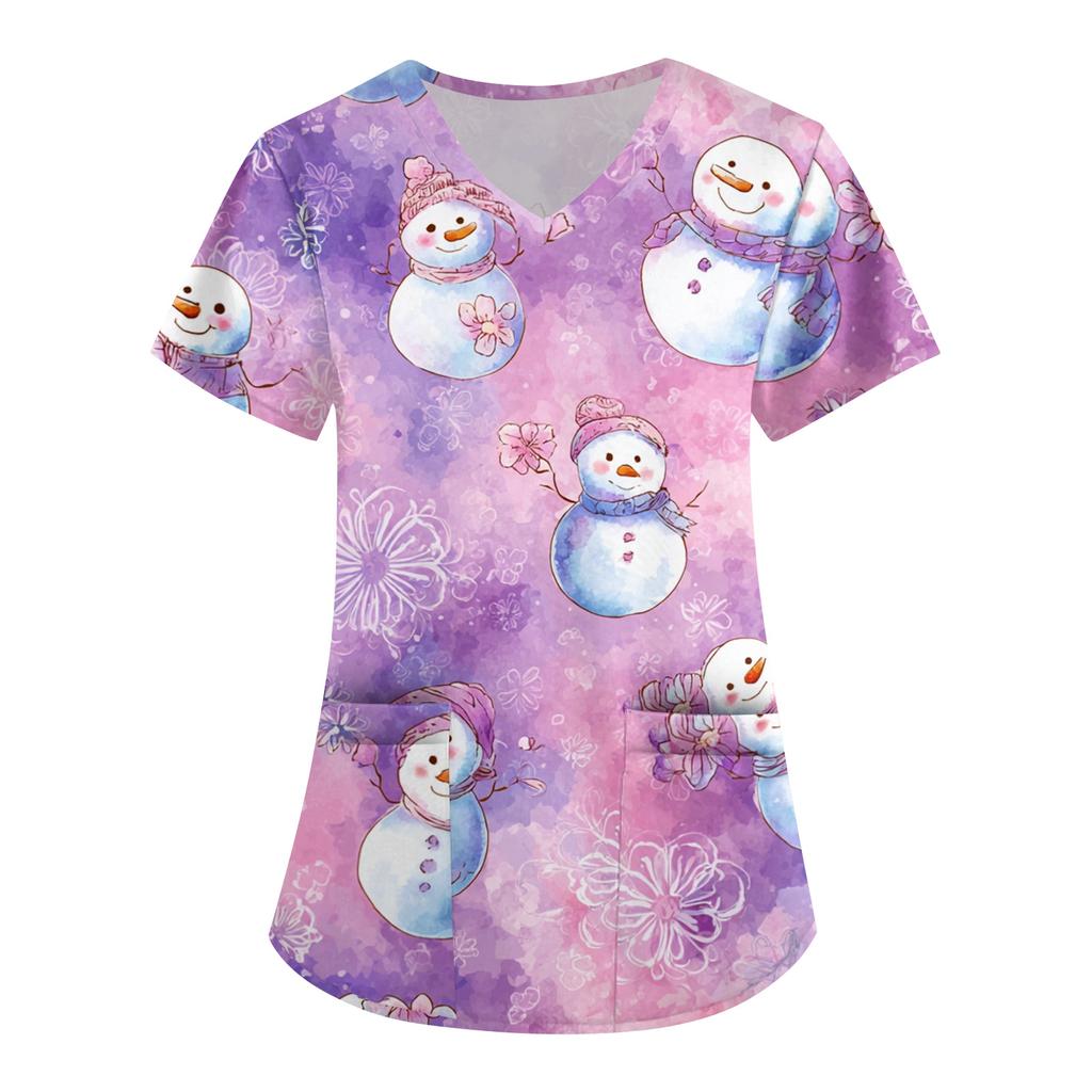 Women's Printing Uniform Work Uniform V-neck Pockets Basic Short Sleeve Pullover Top