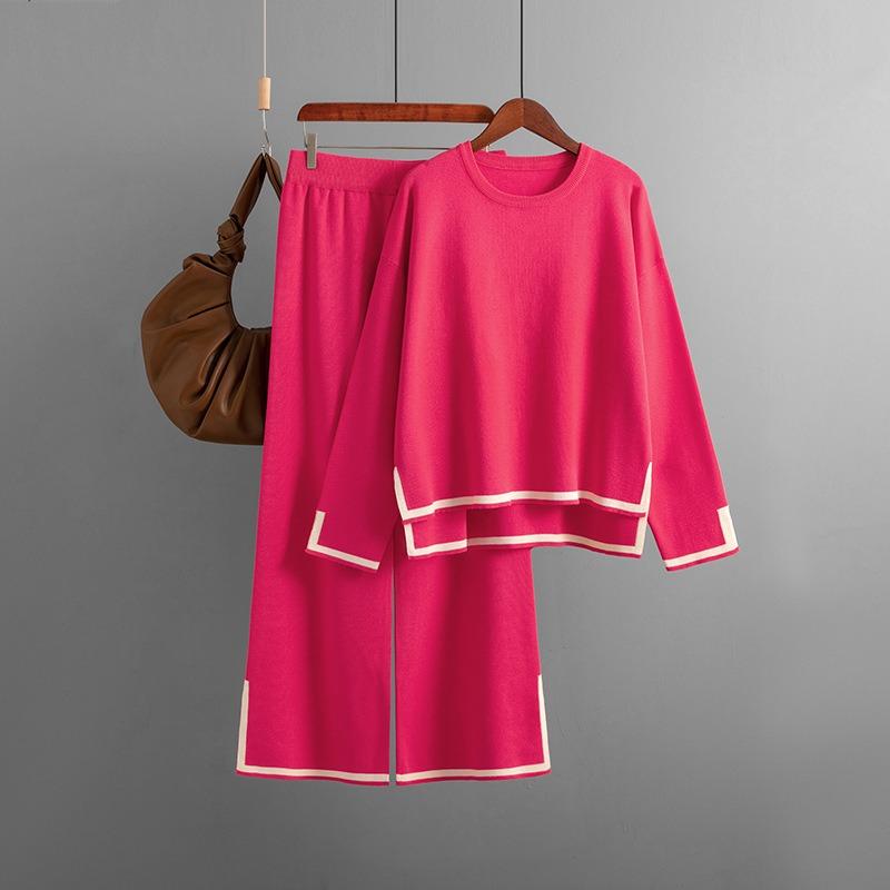 Autumn and Winter New Temperament Contrasting Colors Split-ended Long-sleeved Knitted Suit High Waist and Thin Wide-leg Trousers Two-piece Set